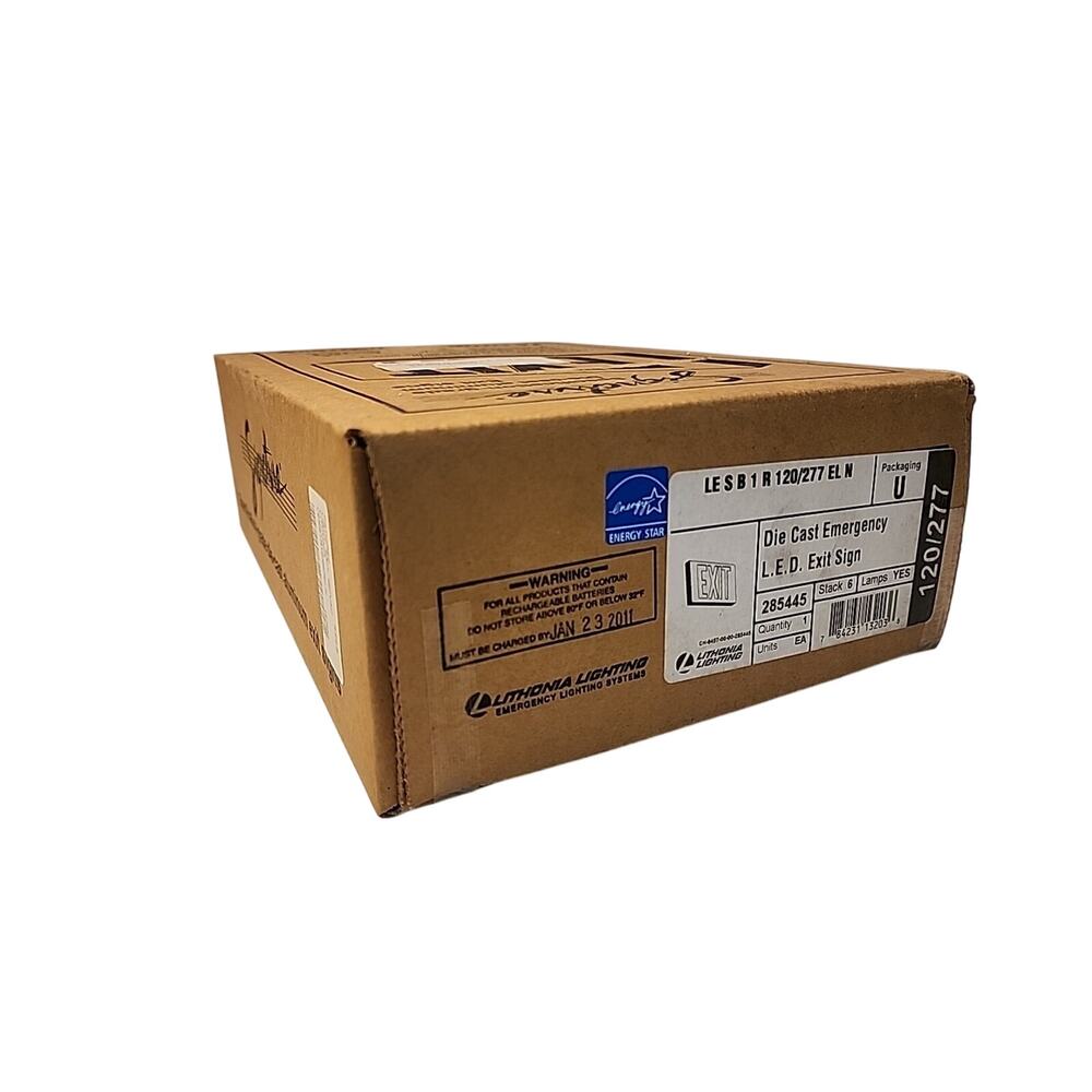 Sealed Lithonia Lighting Exit Sign Black Frame Red Let. LE-S-B-1-R-120/277-EL-N